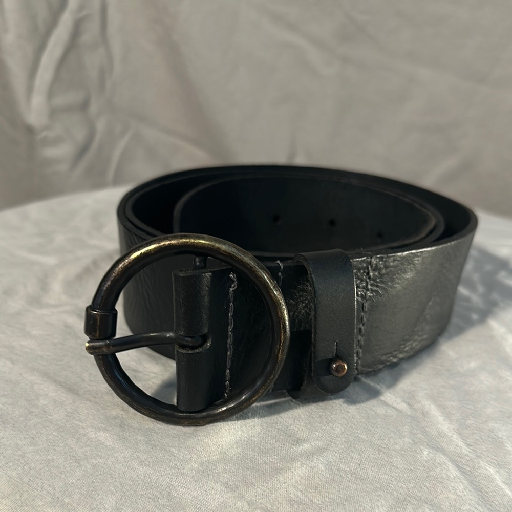 Amsterdam Heritage Black Leather Pip  Belt with Round Buckle